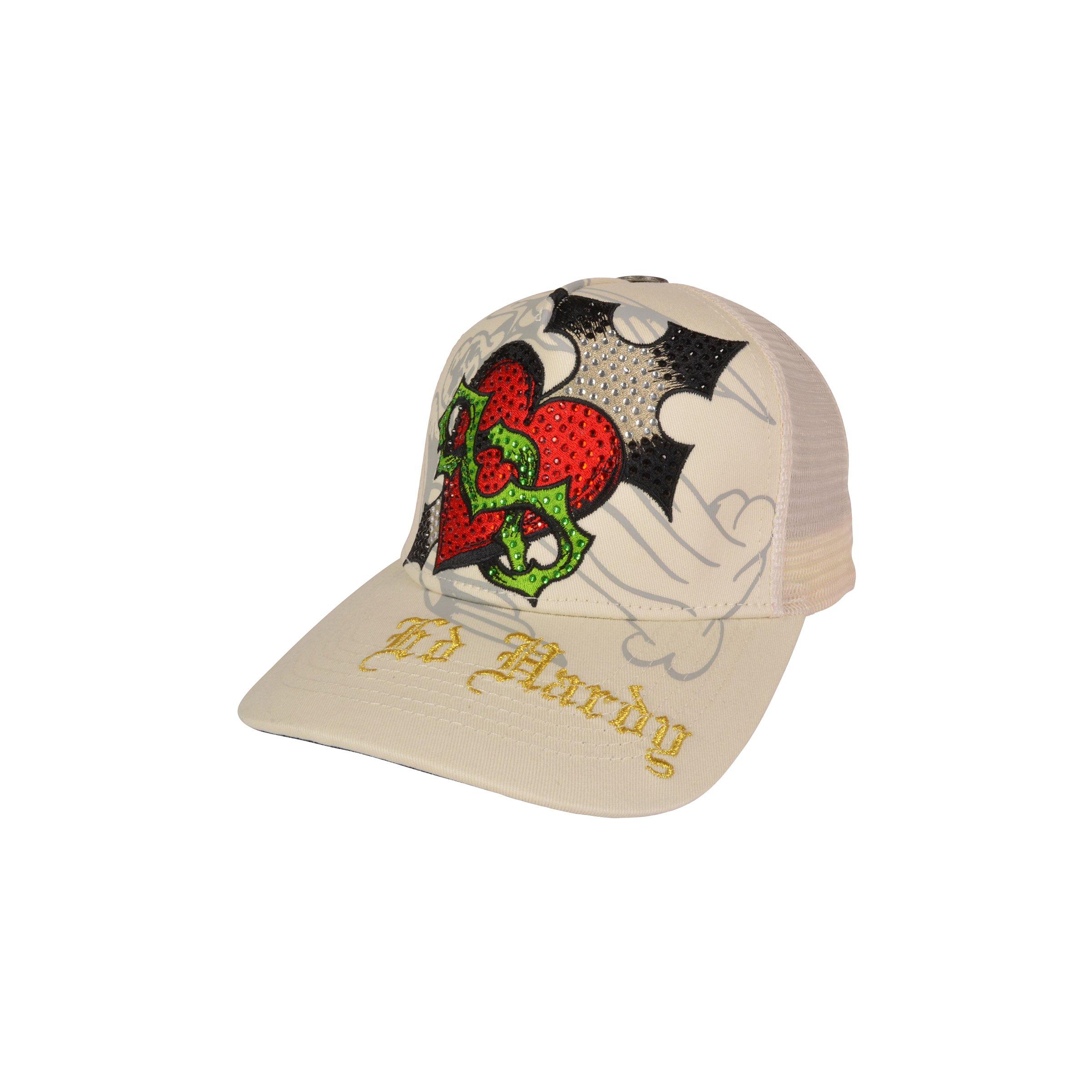 Ed Hardy Rhinestone Sacred Heart Snapback Hat-Cream - CREAM